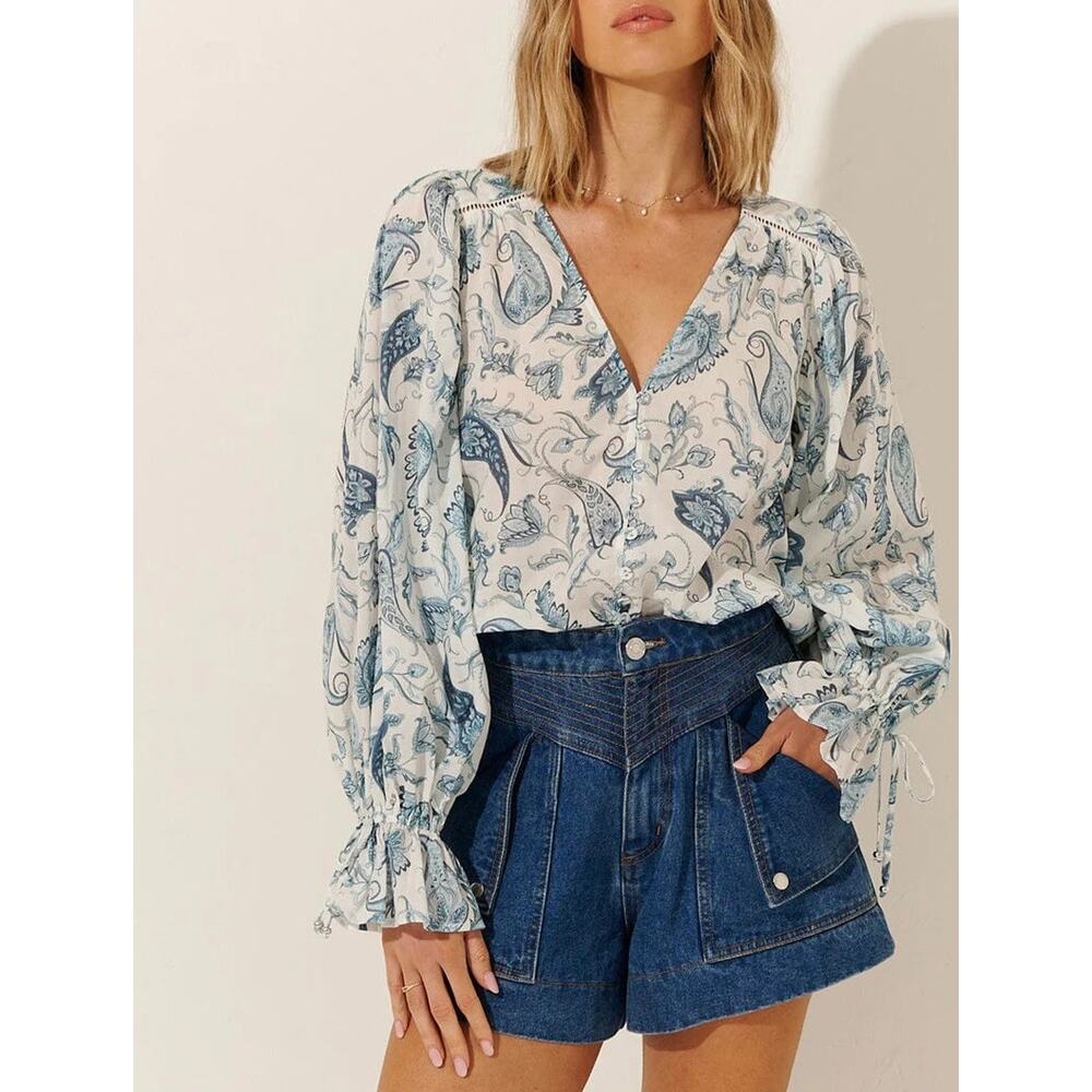KIVARI Celeste V Neck Blouse Womens 8 White Blue Print Cotton Gauze Long Sleeve